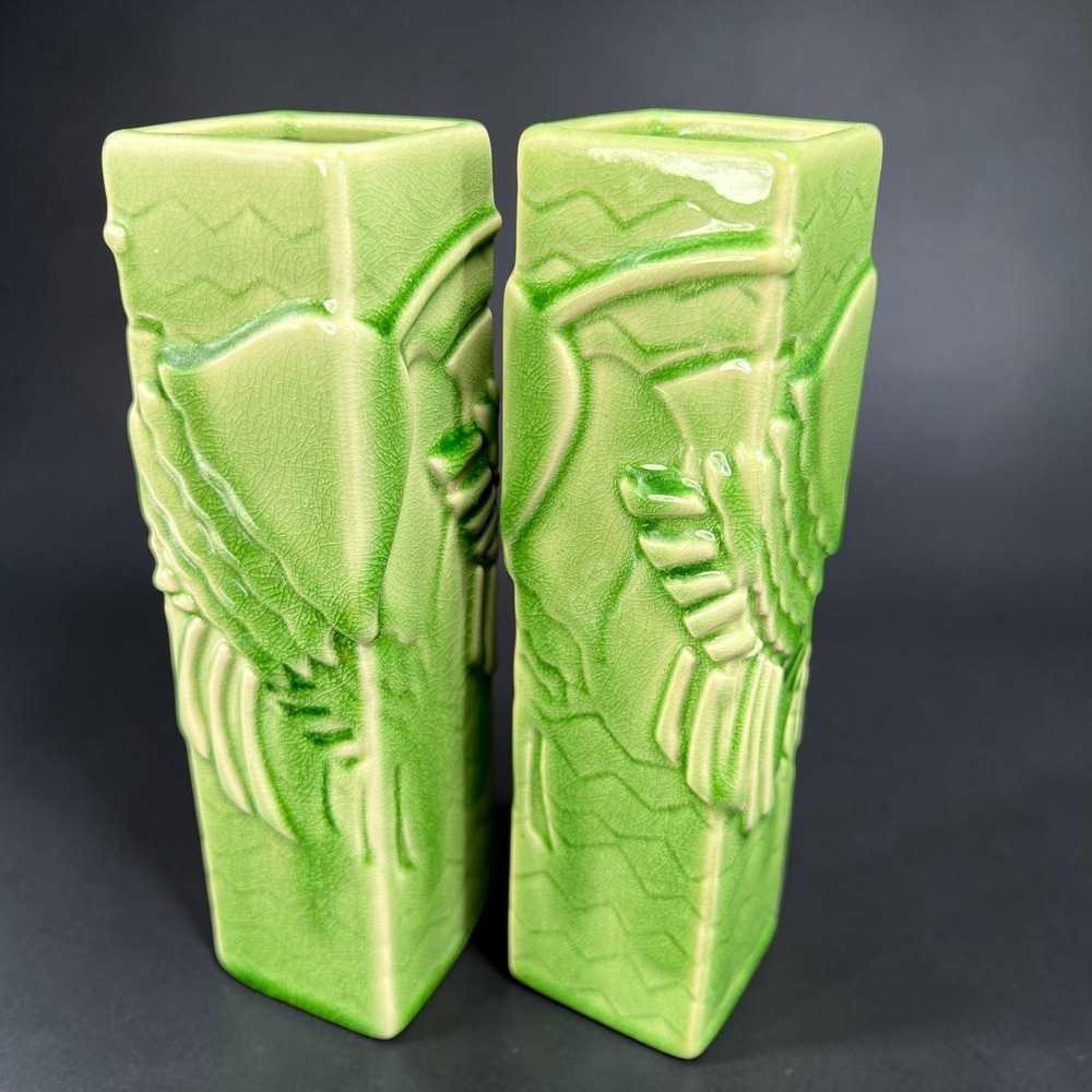 Global Views Green Crackle Glaze Ceramic Bud Vases Set of 2 Geometric Relief 8in
